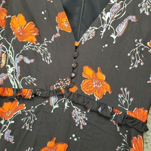 Madewell Dress Womens 0 Navy Blue Floral 100% Silk Ruffle Waist V Neck - Picture 2 of 15